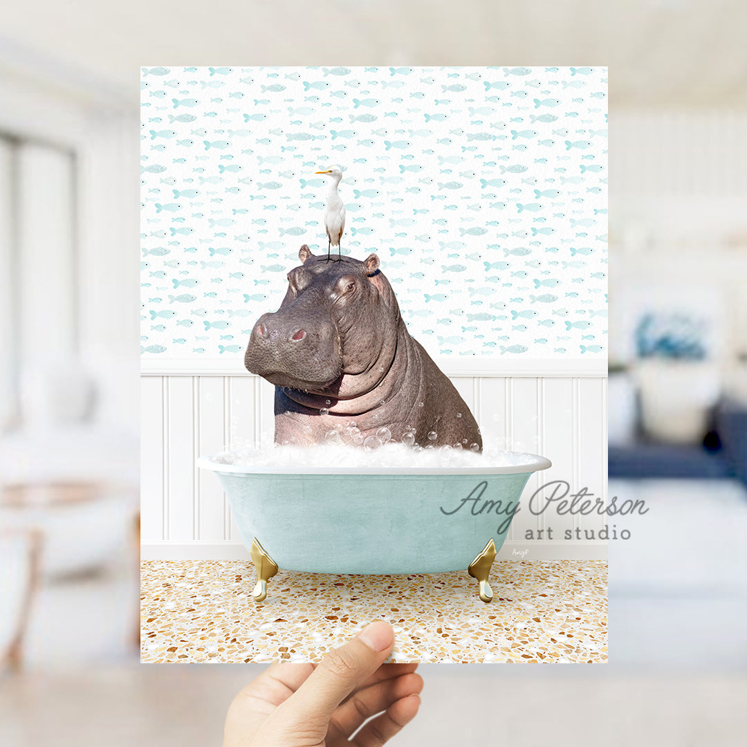 a hippo sitting in a bathtub with a hat on its head