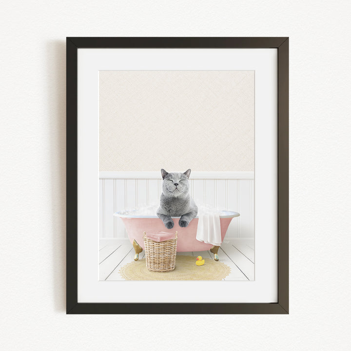 A gray cat sitting in a pink bathtub, with a basket of rubber ducks nearby, in a bathroom setting.