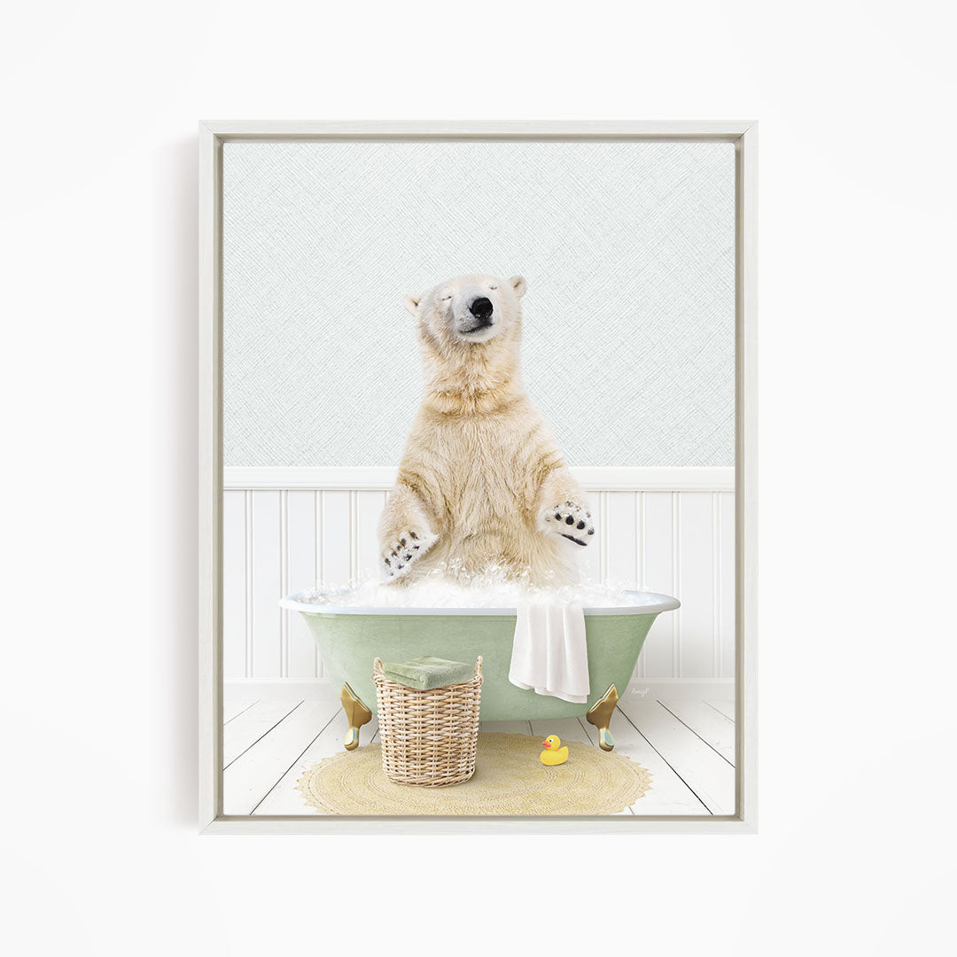 A polar bear is sitting in a green bathtub filled with water, surrounded by a yellow rubber duck and a basket.