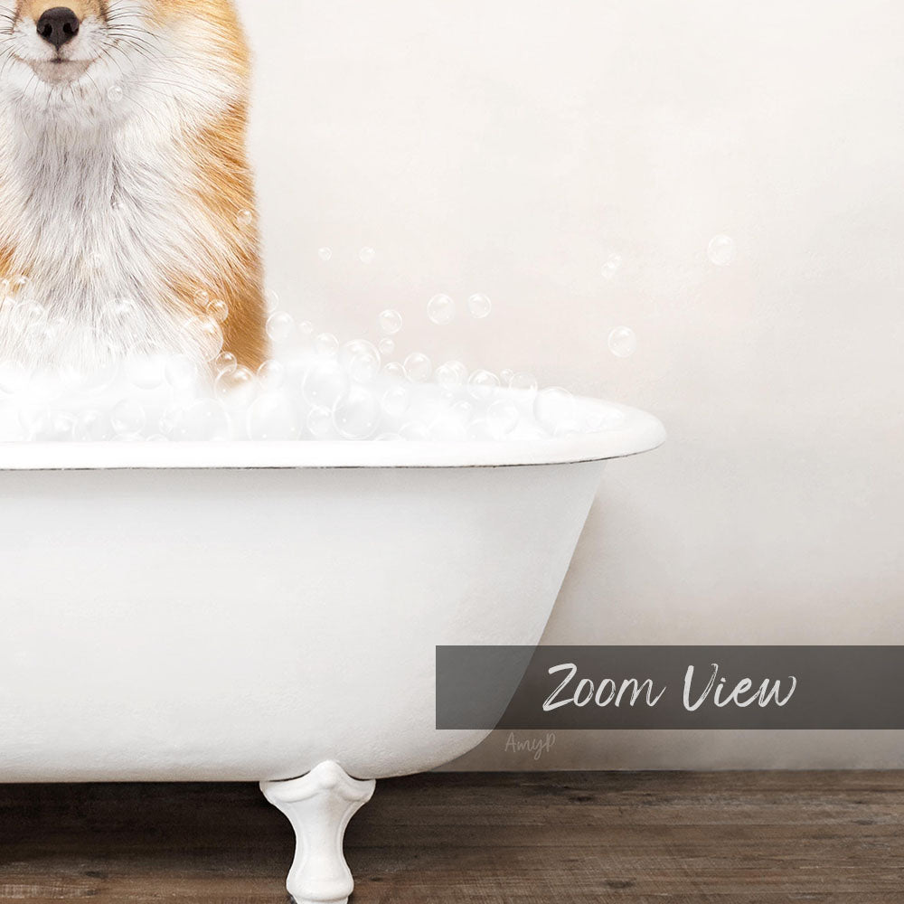 A fluffy dog is sitting in a white bathtub filled with bubbles, creating a playful and adorable scene.