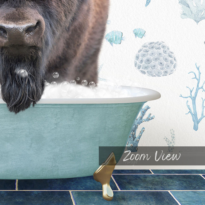 A close-up of a dog's face in a bathtub filled with bubbles, with a coral-themed wallpaper in the background.