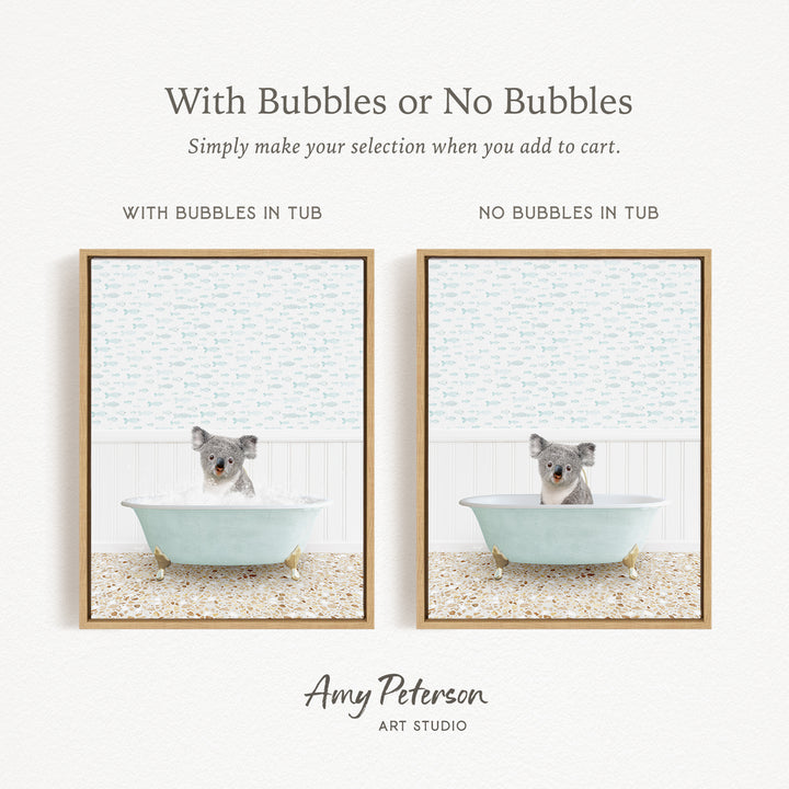 The image is a collage of two pictures, each featuring a koala bear sitting in a bathtub. The koala bear is depicted in both a bathtub with bubbles and a bathtub without bubbles. The text above the images reads "With Bubbles or No Bubbles Simply make your selection when you add to cart."
