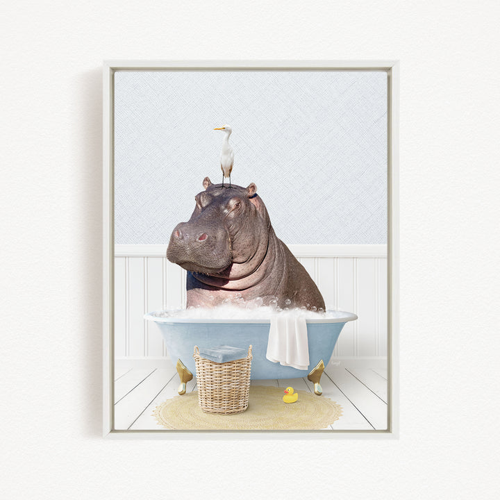 A large hippopotamus is sitting in a bathtub filled with water, with a bird perched on its head.
