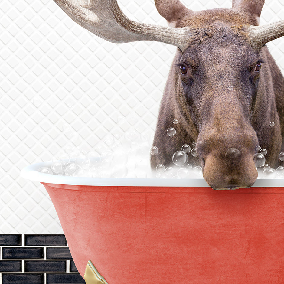 a moose taking a bath in a red bathtub