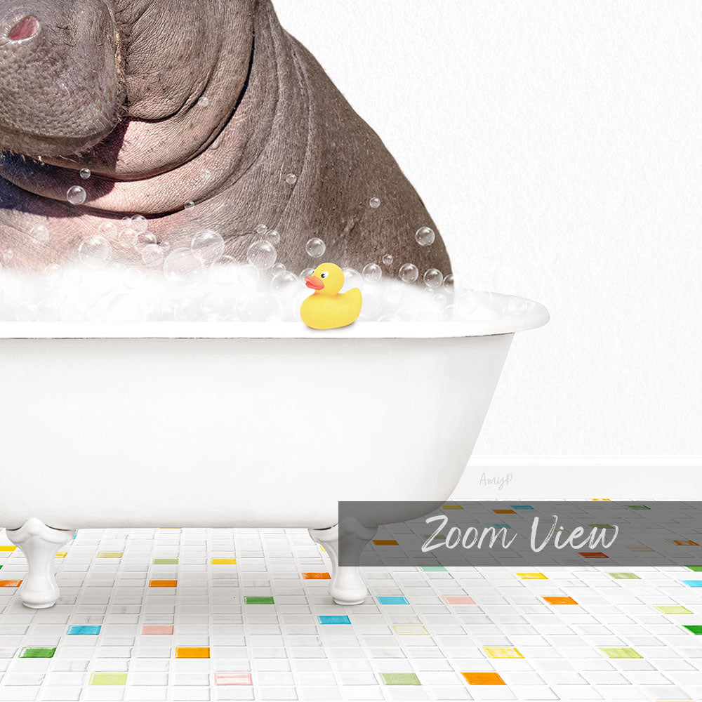 A rubber duck sits in a white bathtub filled with bubbles, with a text overlay that reads "Zoom View".