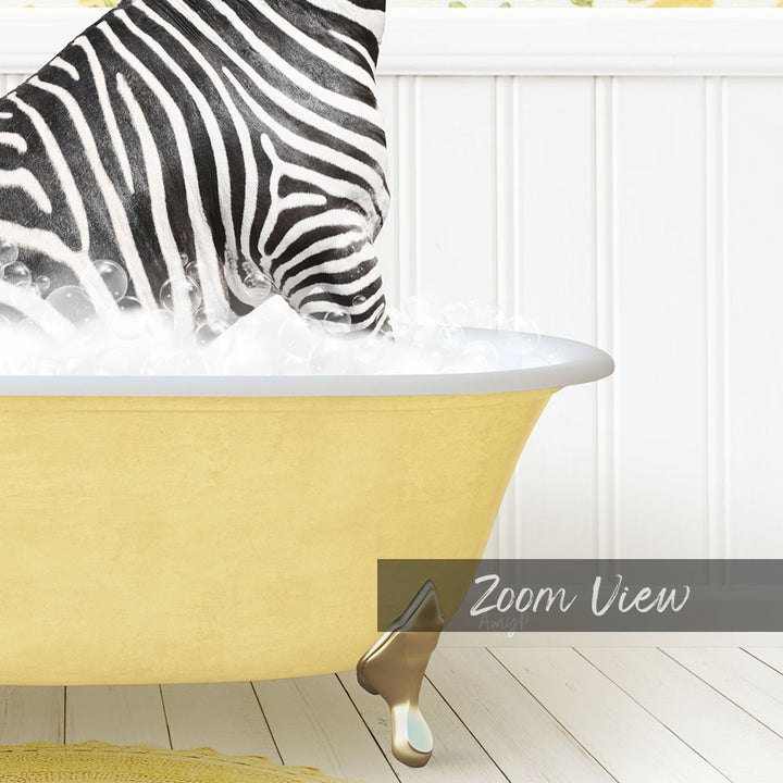 A zebra standing in a yellow bathtub filled with water, with bubbles around it.