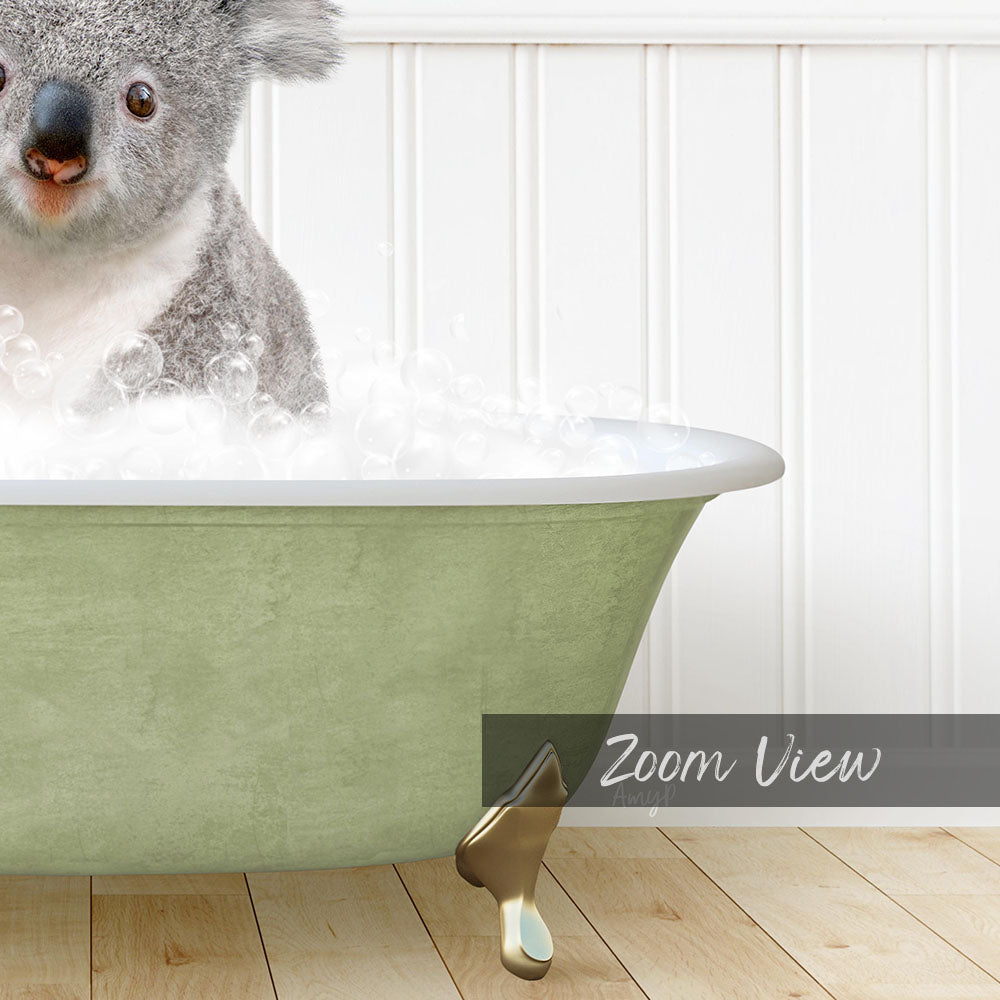 A koala sitting in a green bathtub filled with bubbles, with a "Zoom View" label below the image.