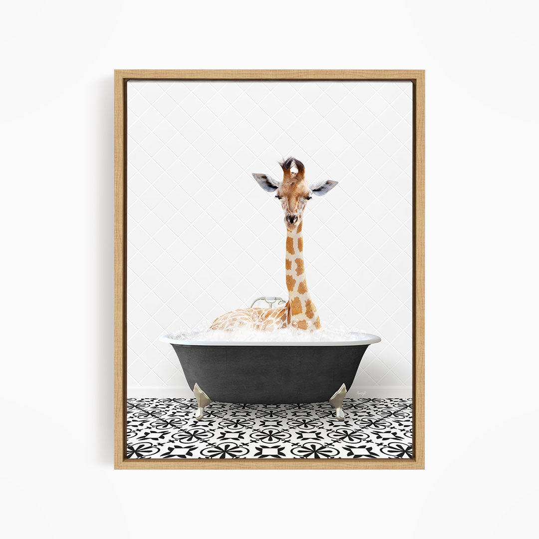 A giraffe is sitting in a bathtub filled with water, creating a whimsical and playful scene.