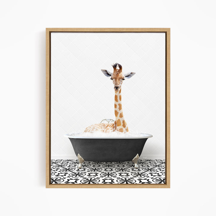 A giraffe is sitting in a bathtub filled with water, creating a whimsical and playful scene.