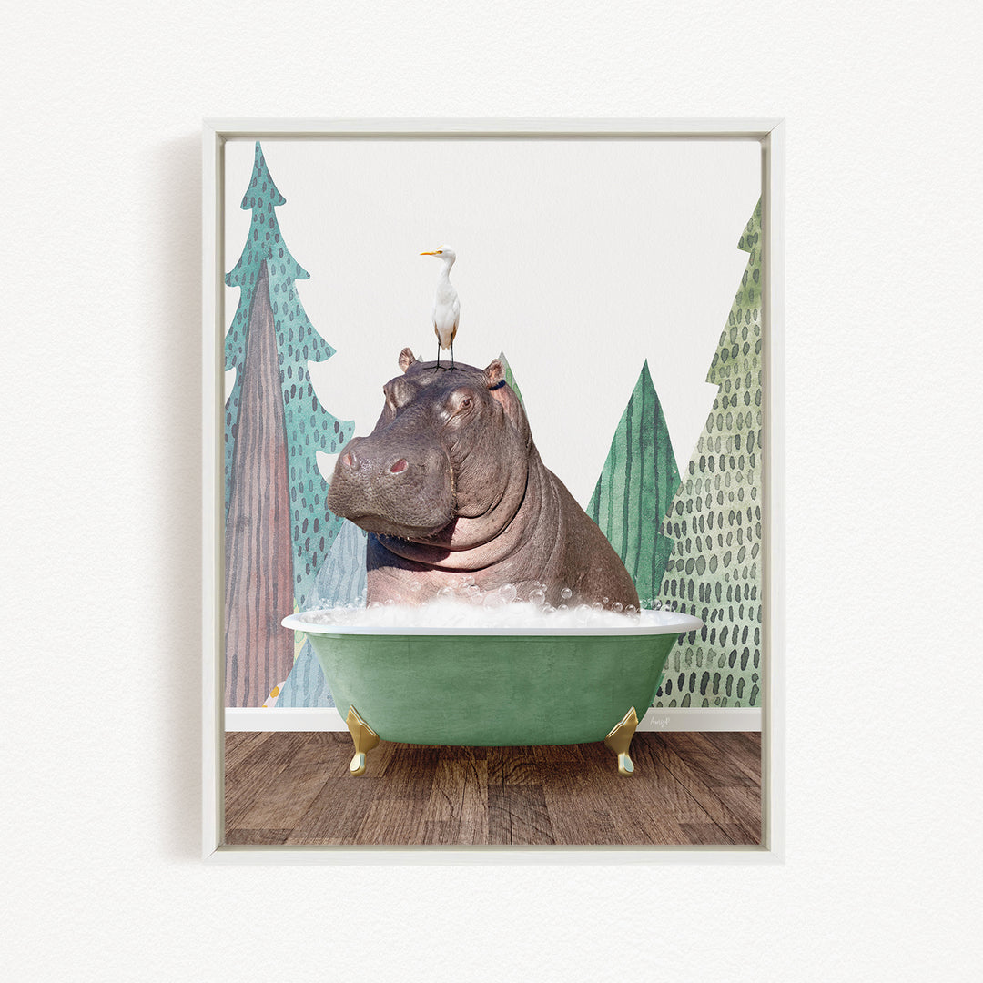 A hippopotamus sitting in a green bathtub, with a seagull perched on its head.