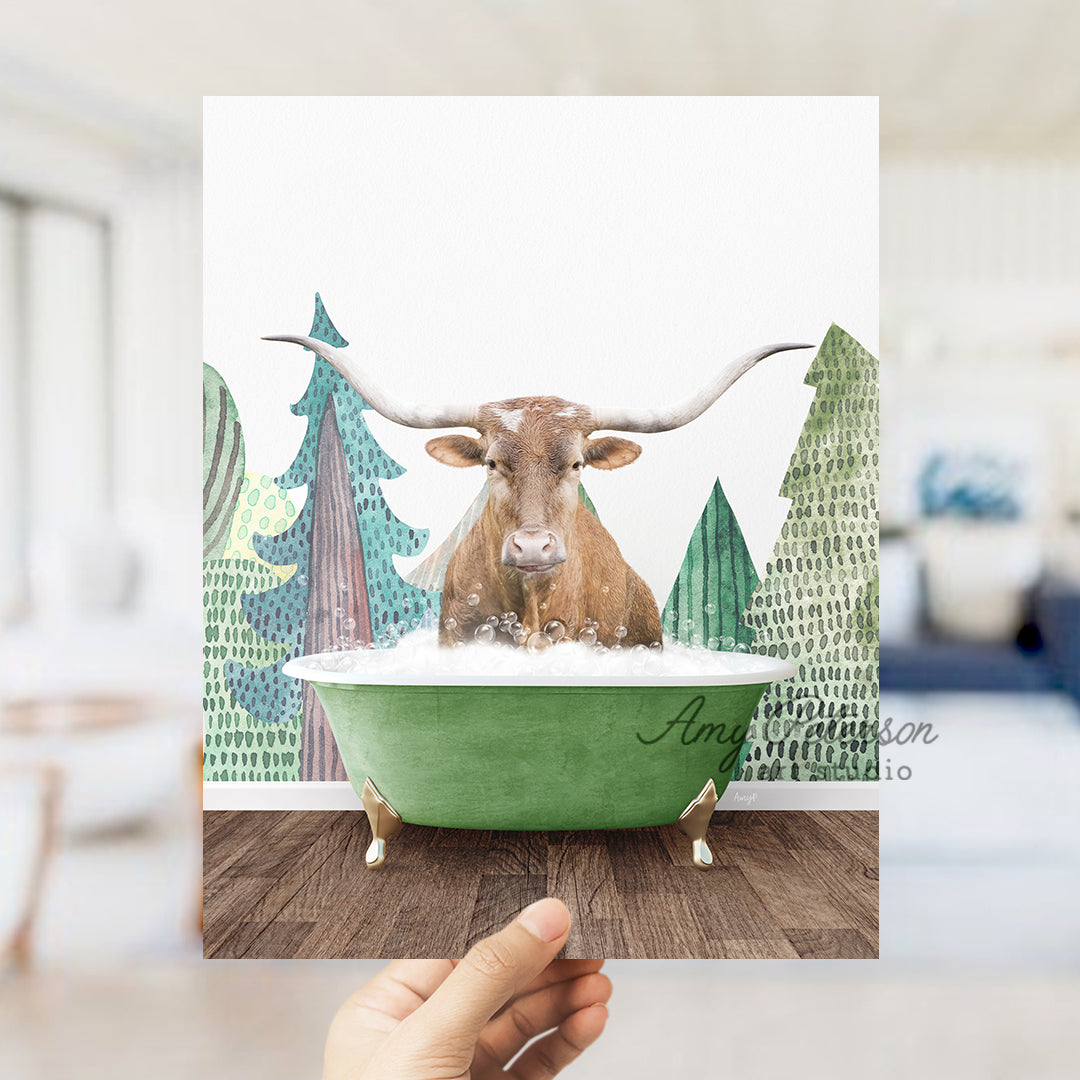 a person holding up a card with a picture of a cow in a bathtub