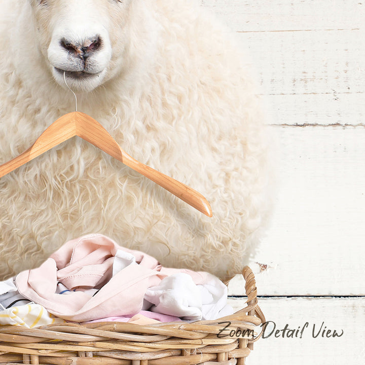 A fluffy white sheep is standing next to a wicker basket filled with clothes, with a wooden hanger attached to the basket.