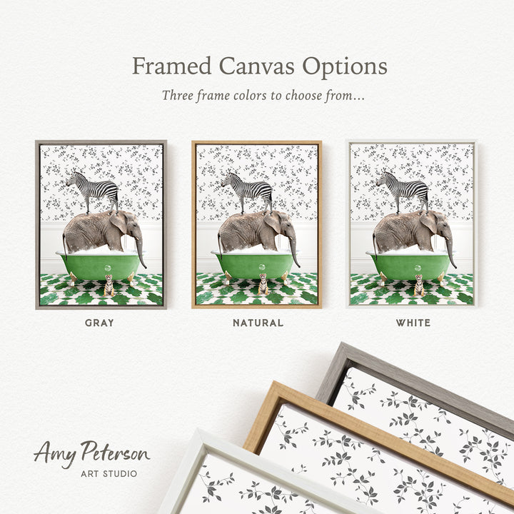 The image is a framed canvas option featuring three different framed canvas options with a zebra and an elephant in bathtubs.
