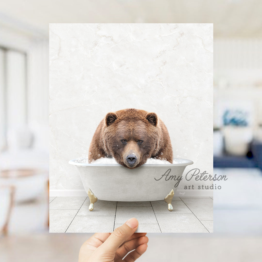 a brown bear sitting in a bath tub