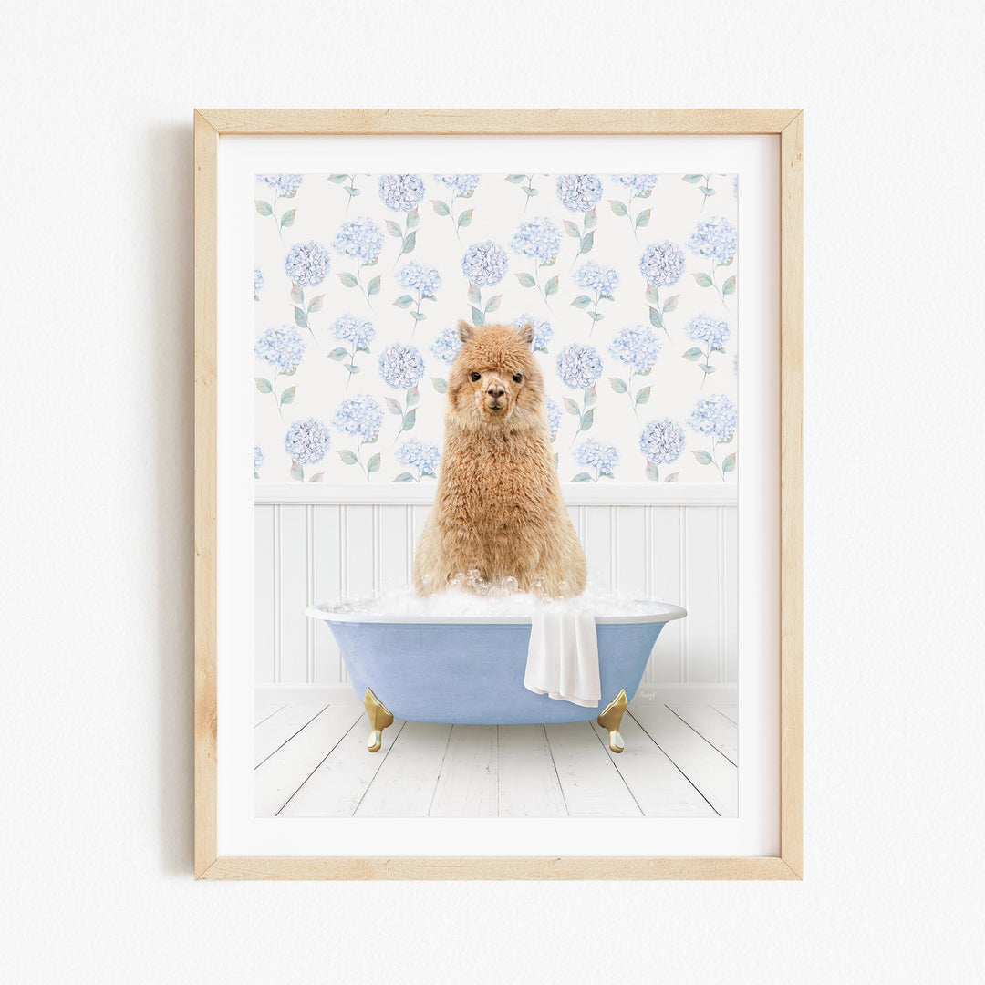 A fluffy brown dog sitting in a blue bathtub filled with bubbles, surrounded by a floral patterned wall.