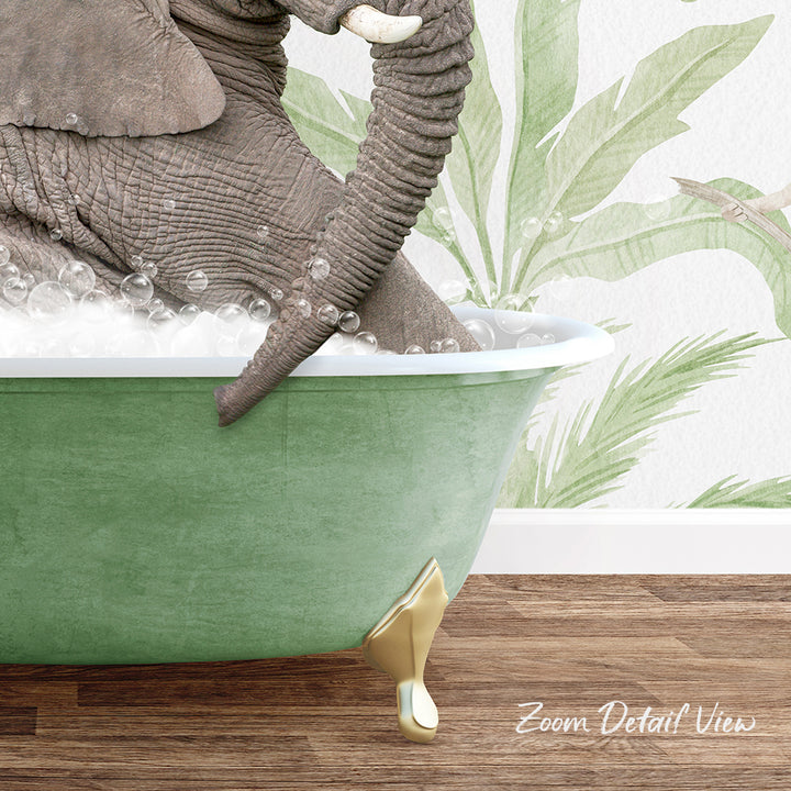 A large elephant is sitting in a green bathtub filled with bubbles, with a tropical plant motif in the background.