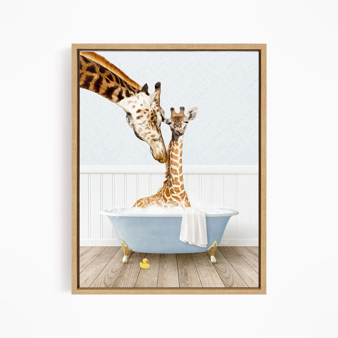 A mother giraffe and her baby giraffe are enjoying a relaxing bath together in a blue tub, surrounded by rubber ducks.