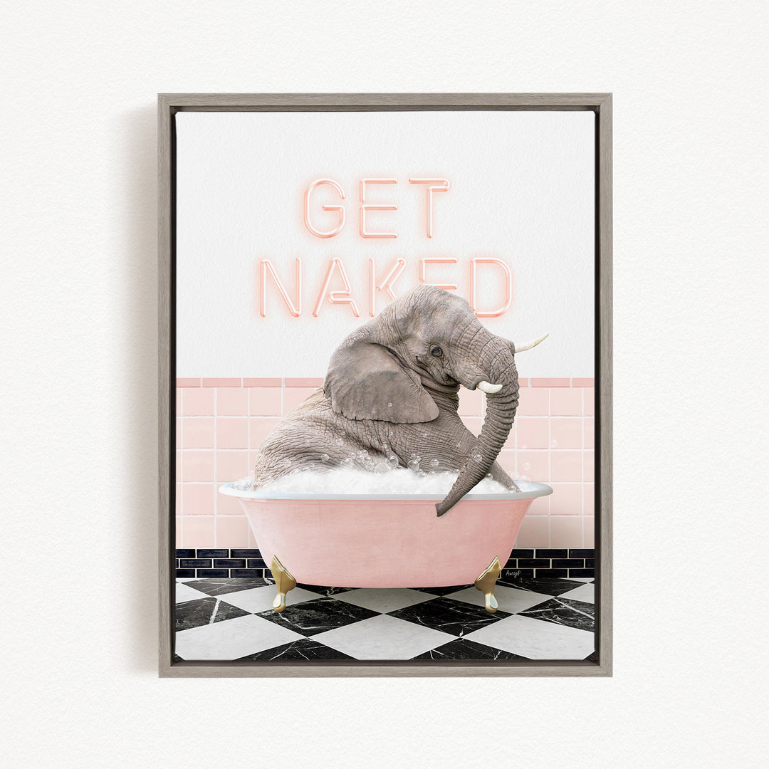 A gray elephant sitting in a pink bathtub, with the text "GET NAKED" displayed above it.