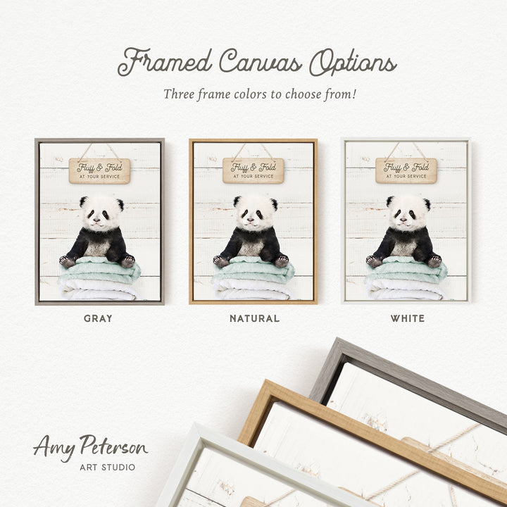 three framed canvas options for a panda bear, each with a different frame color: gray, natural, and white.