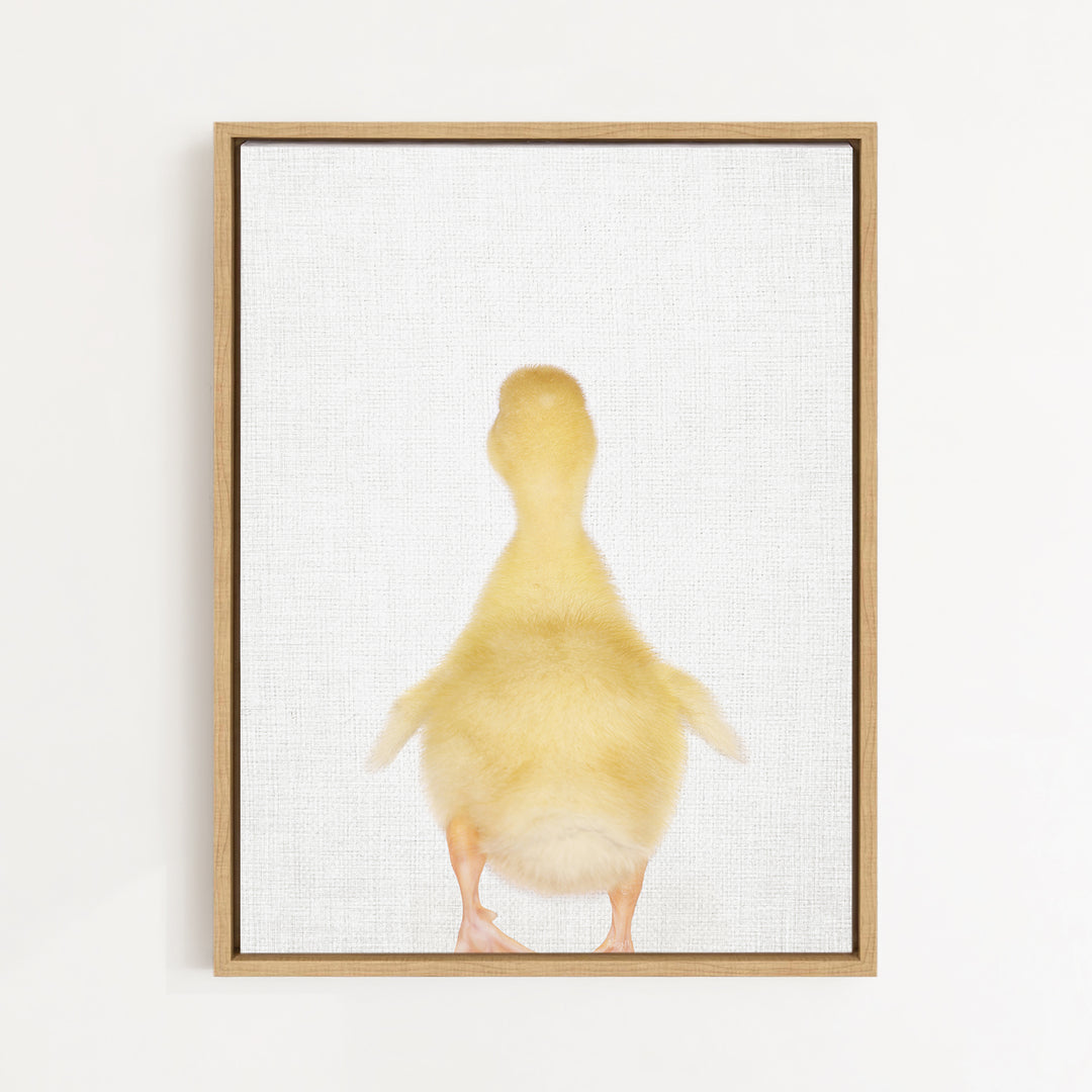A small yellow duck standing upright on a white background.