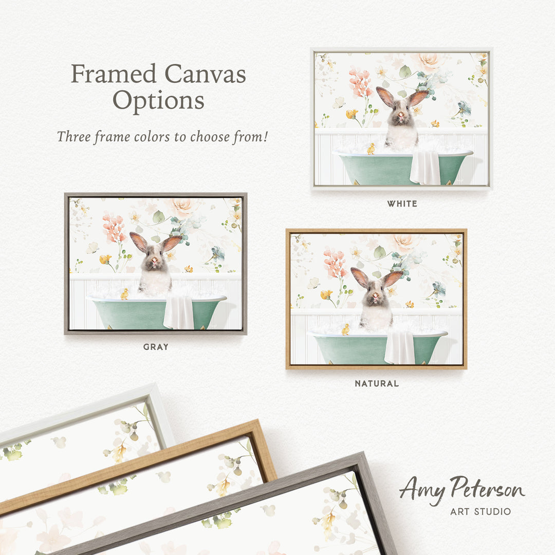 The image is a framed canvas with three different options for the color of the frame: white, gray, and natural. The canvas features a picture of a rabbit sitting in a bathtub, surrounded by flowers.