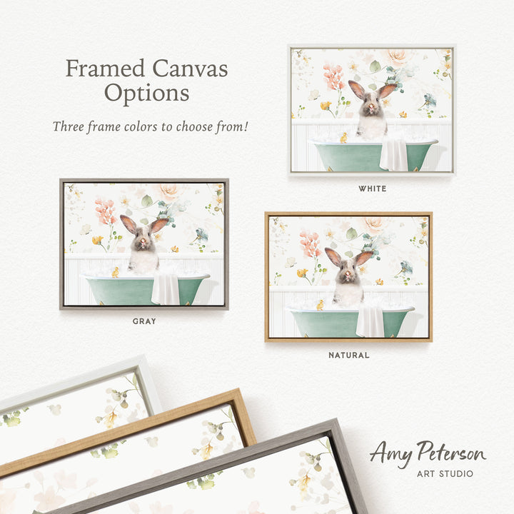 The image is a framed canvas with three different options for the color of the frame: white, gray, and natural. The canvas features a picture of a rabbit sitting in a bathtub, surrounded by flowers.