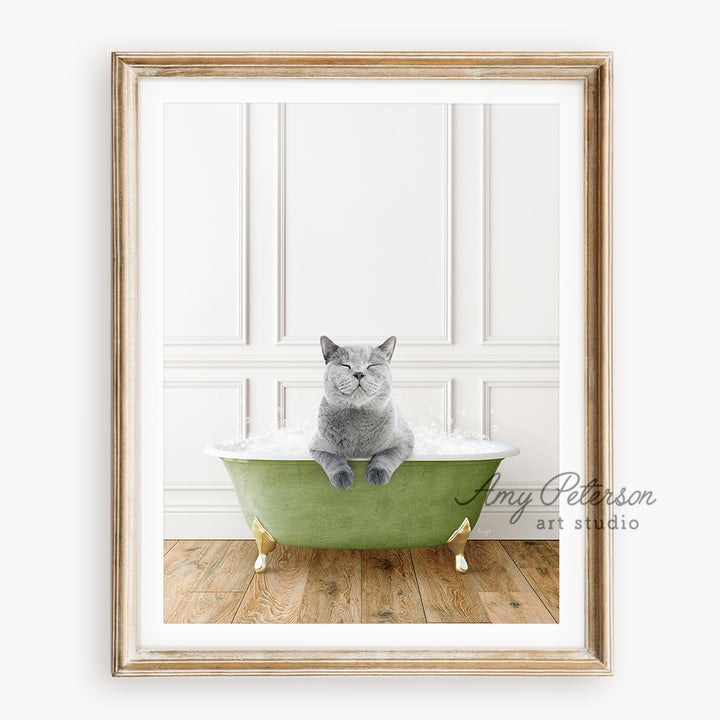 a gray cat sitting in a green bath tub