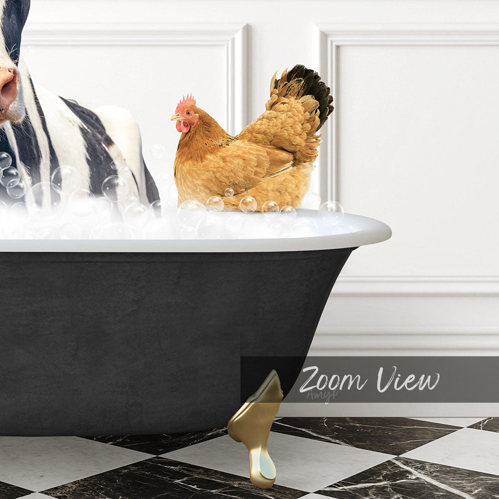 A black bathtub filled with bubbles, with a chicken sitting inside and a gold claw-like object on the side.