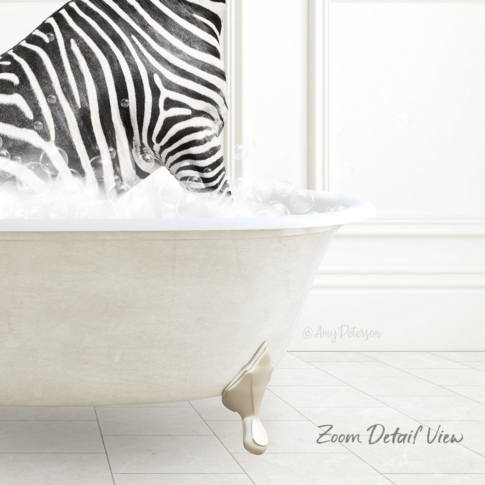 A zebra standing in a bathtub filled with bubbles, with a white wall and tiled floor in the background.