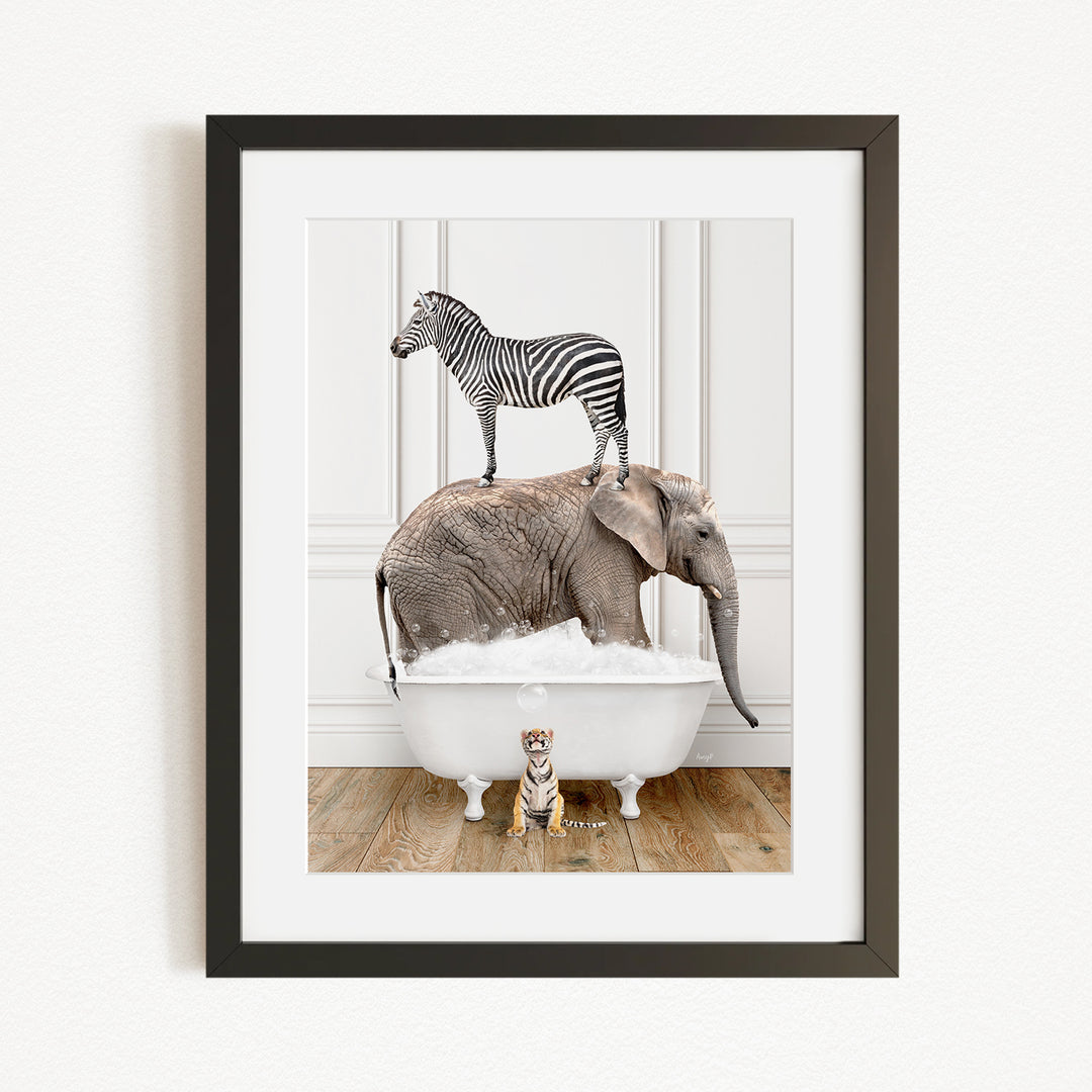 A zebra stands on an elephant's back, while a small tiger sits in a bathtub, creating a whimsical and playful scene.