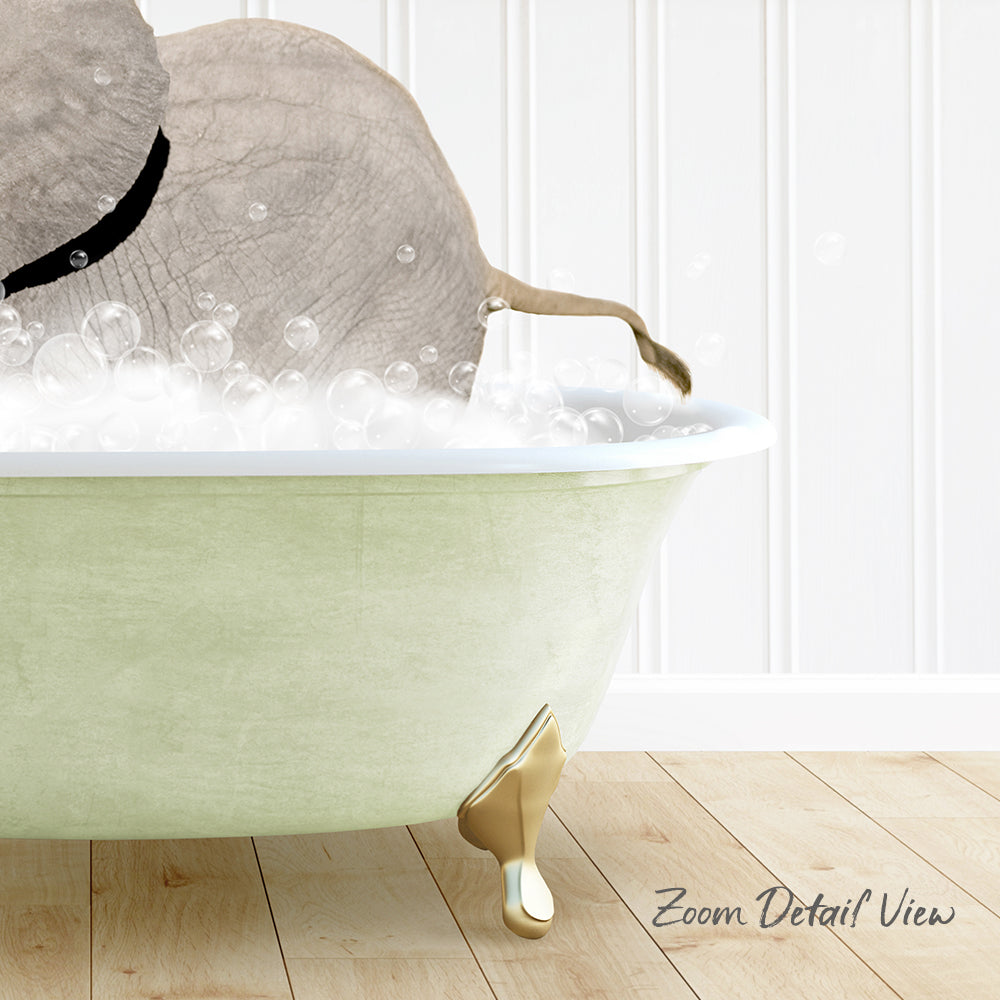 A bathtub filled with bubbles, with a small animal, possibly a dog, sitting in it.