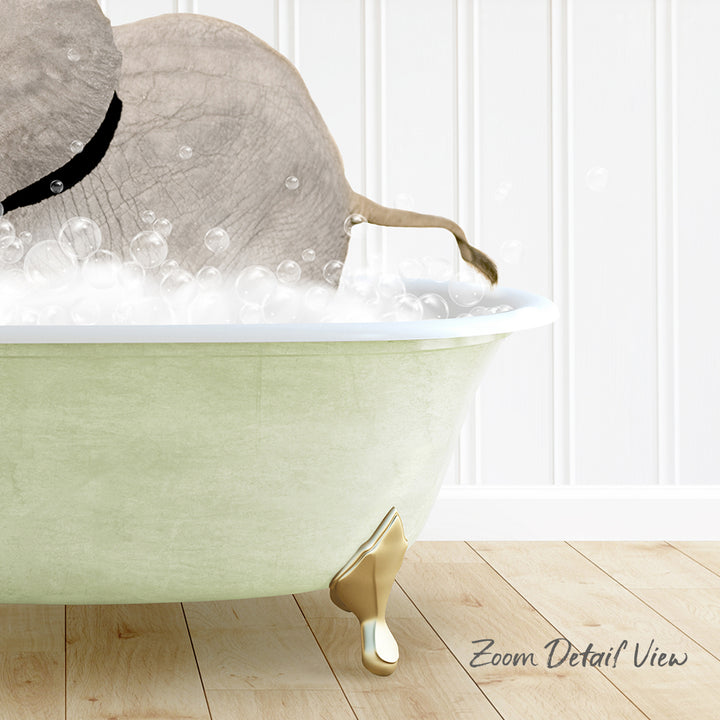 A bathtub filled with bubbles, with a small animal, possibly a dog, sitting in it.