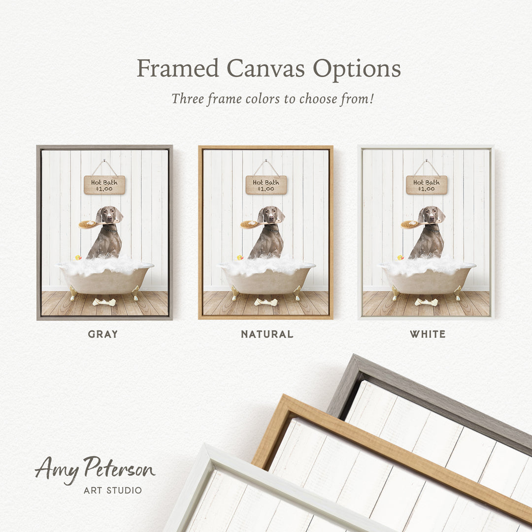 The image is a framed canvas option featuring three different colored frames, each containing a painting of a dog sitting in a bathtub.