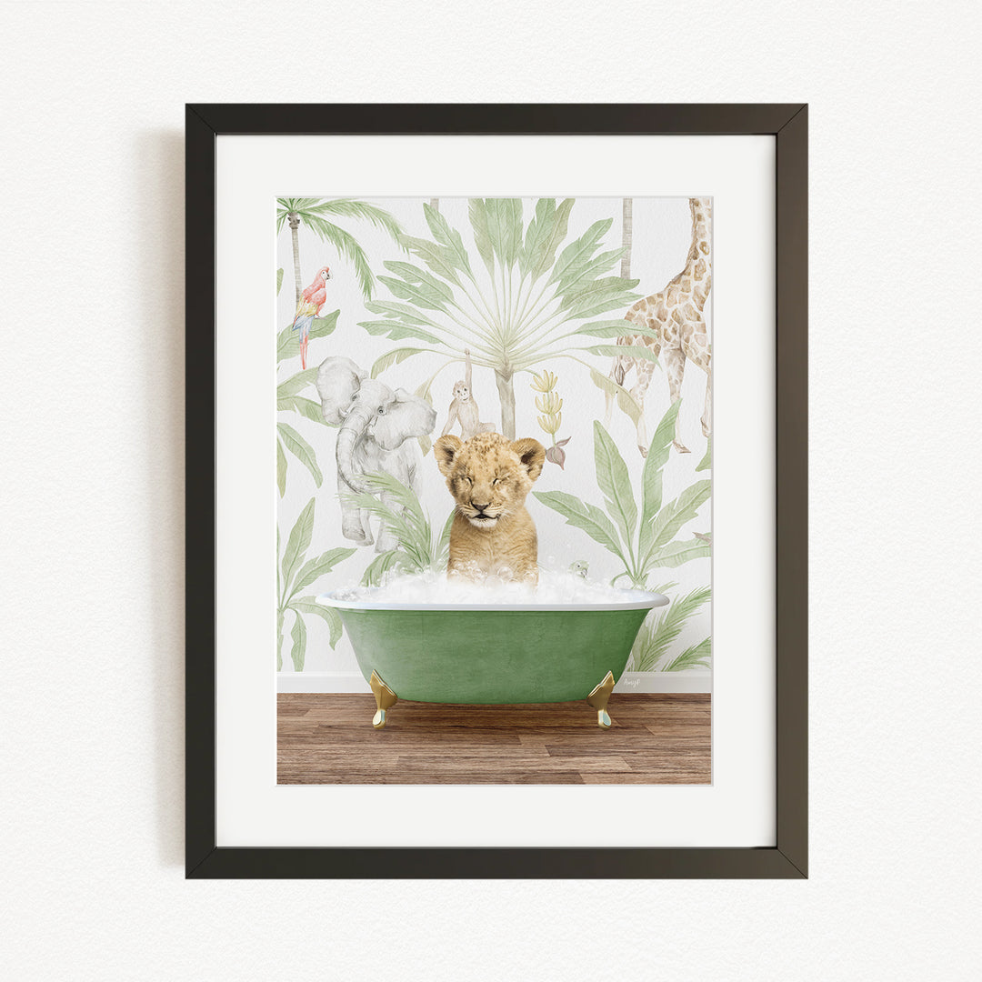 A young lion cub sitting in a green bathtub, surrounded by a tropical jungle wallpaper with various animals such as giraffes, elephants, and palm trees.