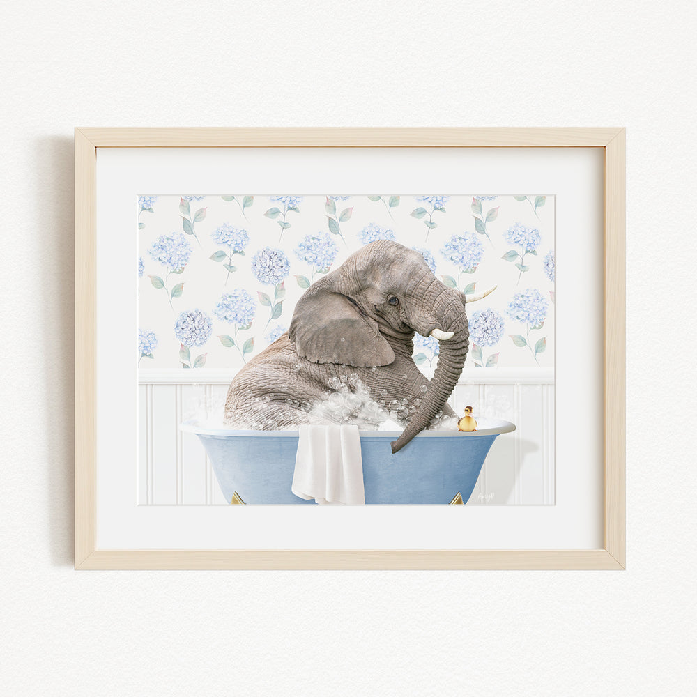 A gray elephant is sitting in a blue bathtub filled with water, surrounded by blue flowers on the wall behind it.