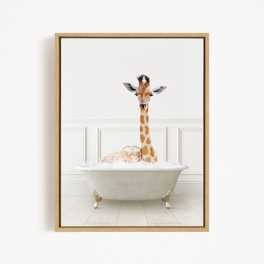 A giraffe is sitting in a white bathtub filled with bubbles, creating a whimsical and playful scene.