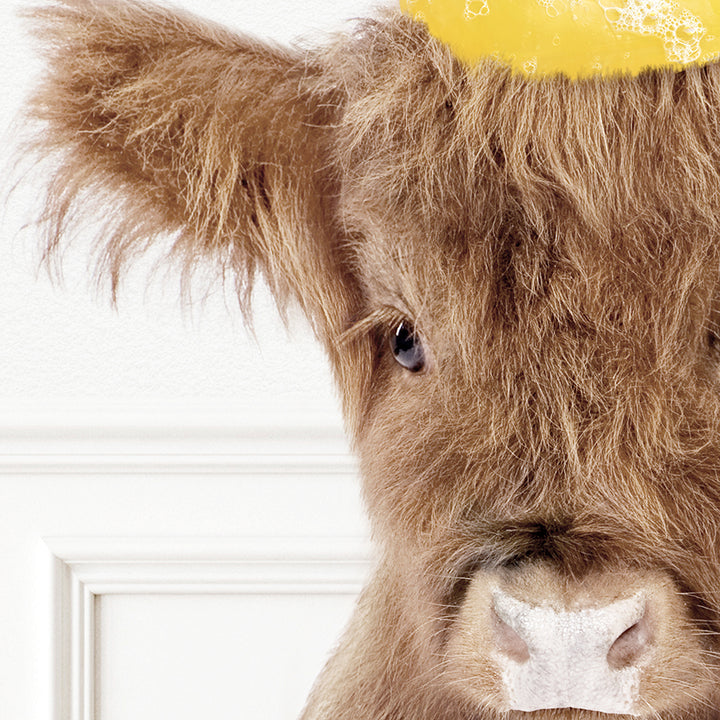 a close up of a cow with a yellow hat on its head