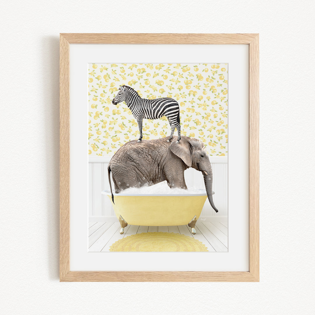 A zebra standing on an elephant's back in a yellow bathtub, with a yellow floral wallpaper in the background.