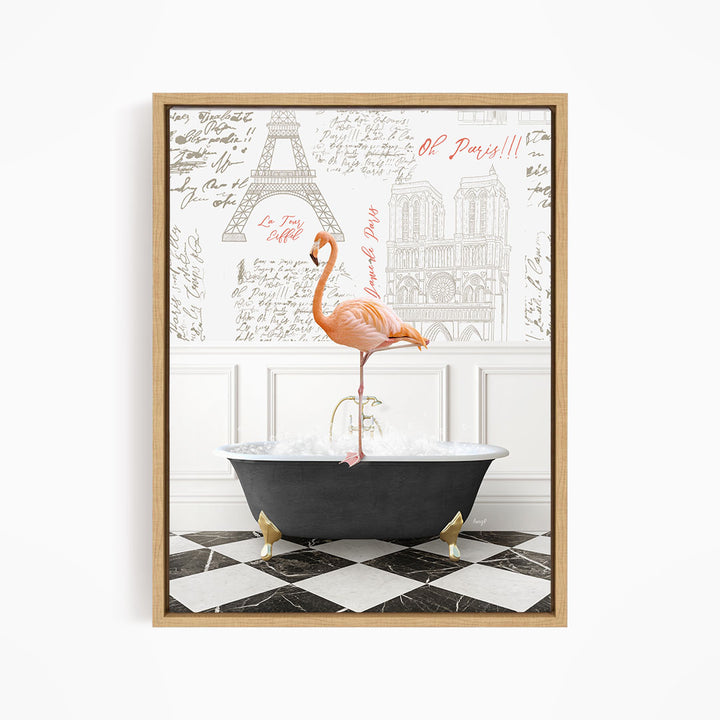A pink flamingo stands in a black bathtub filled with water, surrounded by a checkered black and white floor and a wall with the Eiffel Tower and other Parisian landmarks.