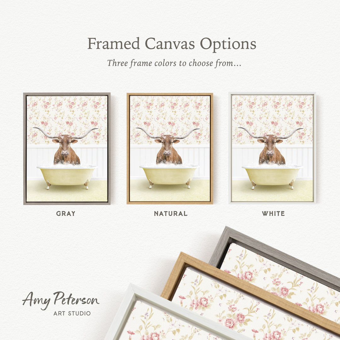 The image is a framed canvas option featuring a cow sitting in a bathtub, with three different frame colors to choose from: gray, natural, and white.