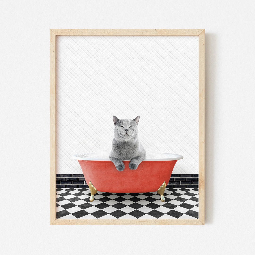 a cat sitting in a bathtub with a black and white checkered floor