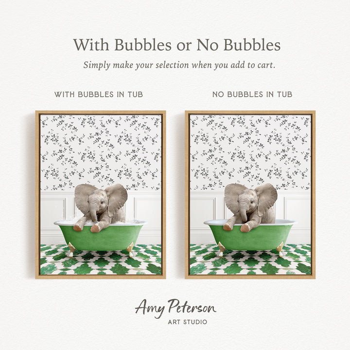 The image is a collage of two pictures, each featuring a small elephant sitting in a green bathtub. The text above the images reads "With Bubbles or No Bubbles" and below the images, it says "Simply make your selection when you add to cart."