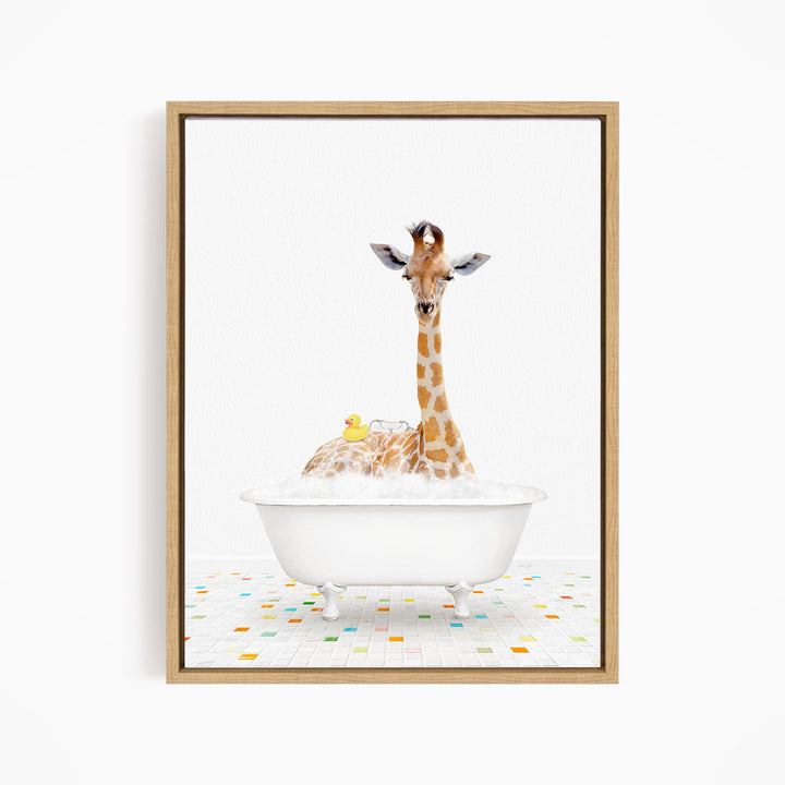 A giraffe is sitting in a white bathtub filled with bubbles, surrounded by a colorful tiled floor.