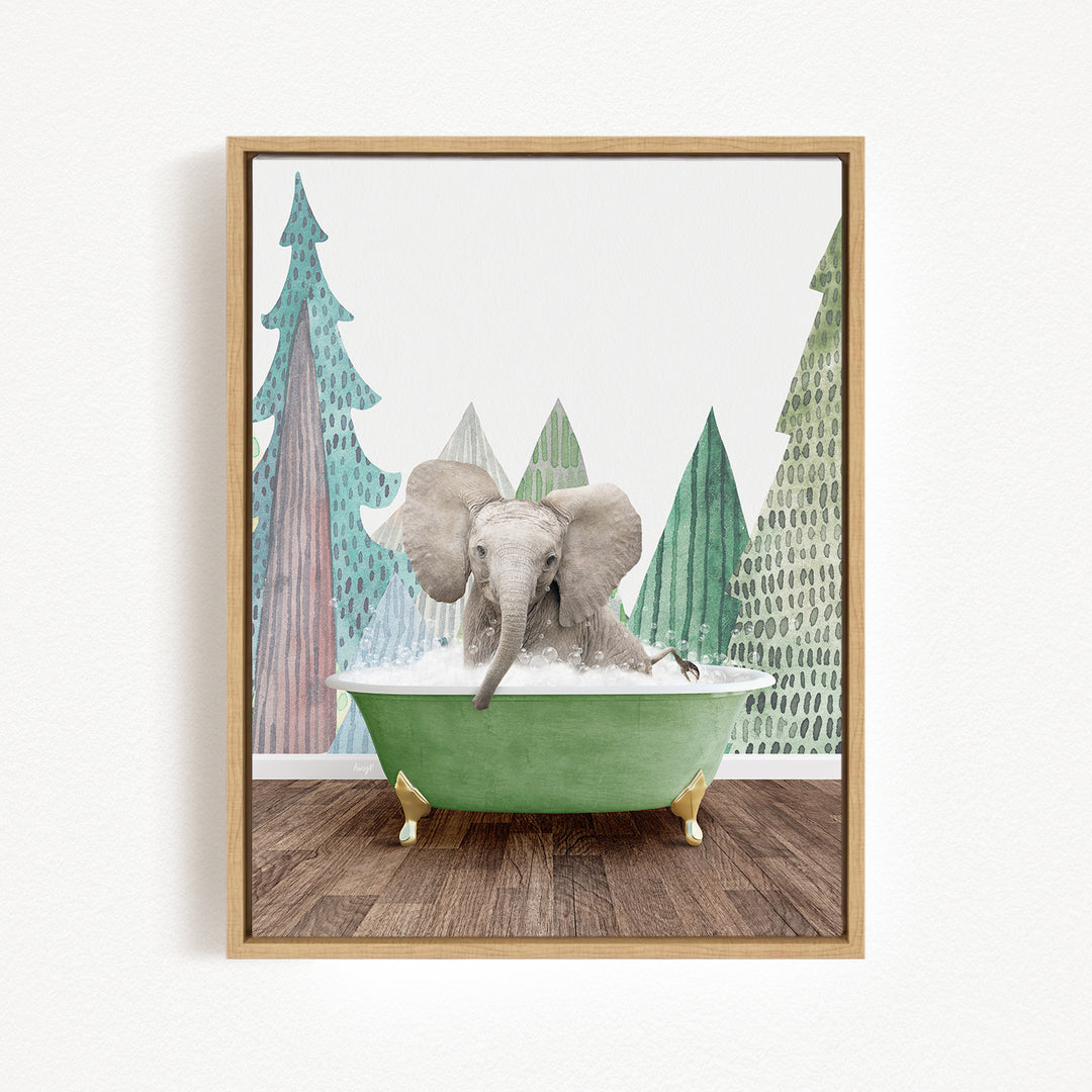 A gray elephant is sitting in a green bathtub, surrounded by a forest scene with trees and a snowy landscape.