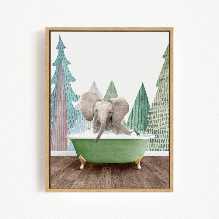 A gray elephant is sitting in a green bathtub, surrounded by a forest scene with trees and a snowy landscape.