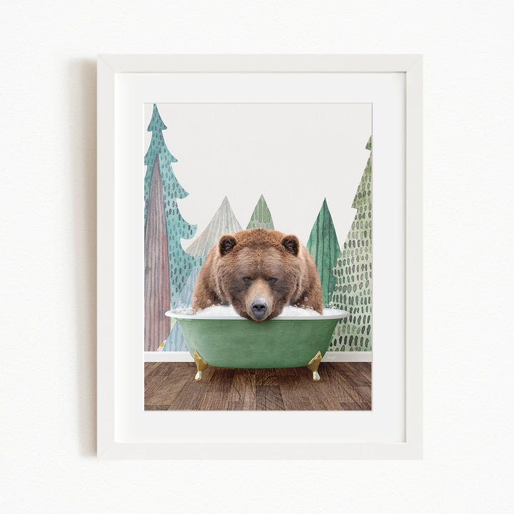 A brown bear is sitting in a green bathtub, surrounded by a forest scene with trees and a white wall in the background.
