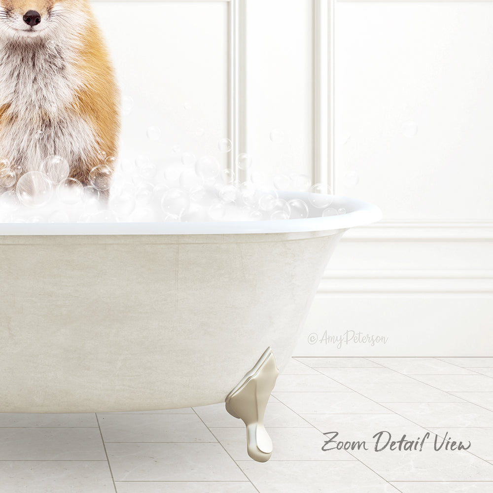 A fluffy orange and white dog is sitting in a white bathtub filled with bubbles, creating a playful and whimsical scene.