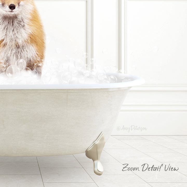 A fluffy orange and white dog is sitting in a white bathtub filled with bubbles, creating a playful and whimsical scene.