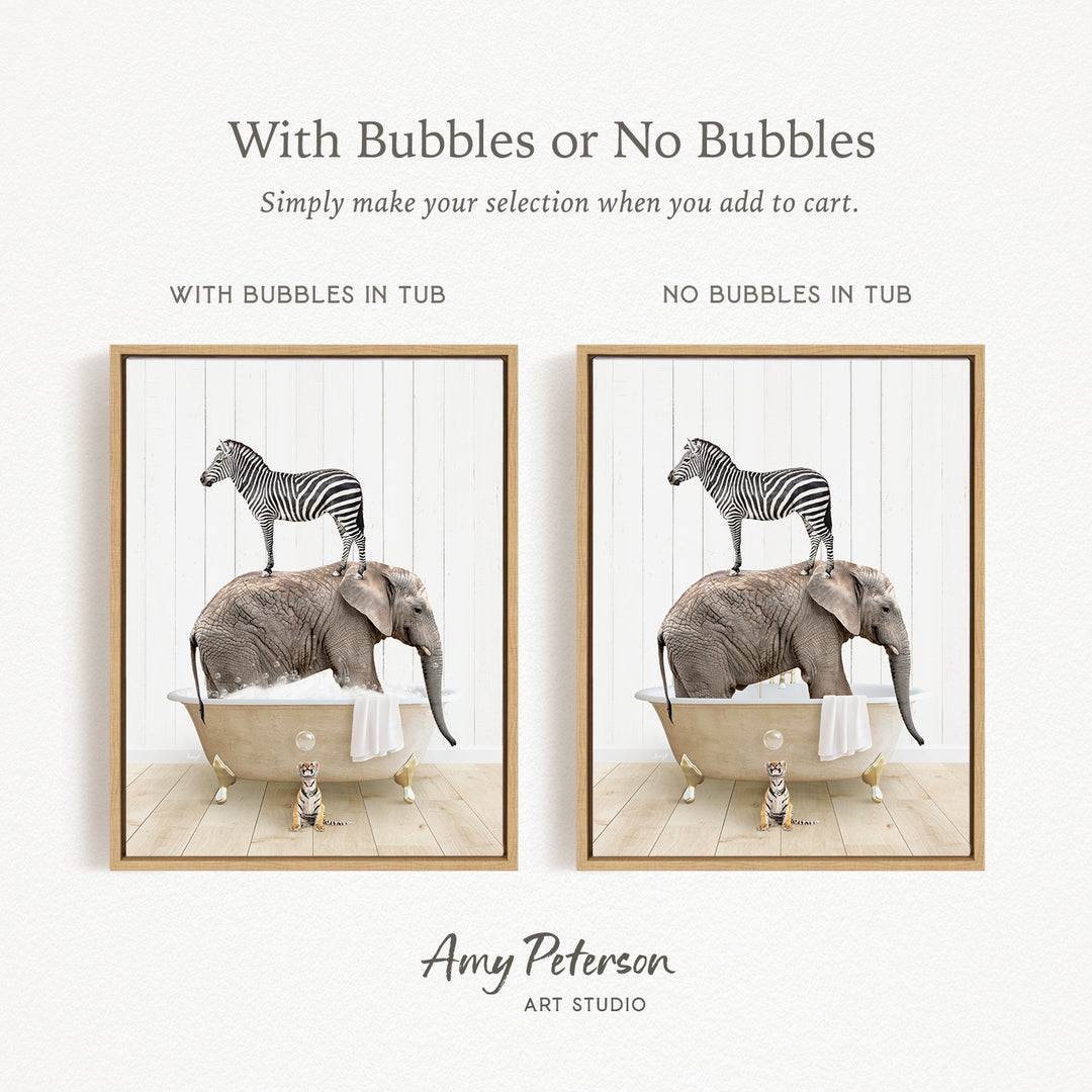The image is a collage of two framed pictures. In the left frame, a zebra is standing on an elephant's back, and in the right frame, an elephant is standing on a zebra's back. The collage features a zebra and an elephant in bathtubs, with bubbles in one bathtub and no bubbles in the other bathtub.