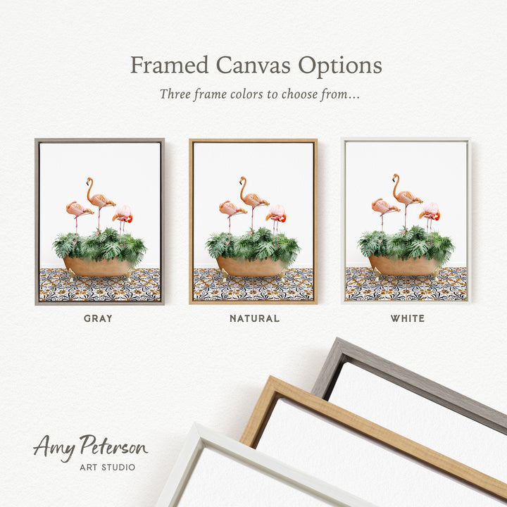 three framed canvas options, each featuring a different color and frame style. The options include a gray frame, a natural frame, and a white frame. The text above the options reads " Framed Canvas Options" and "Three frame colors to choose from...". The text below the options reads "GRAY", "NATURAL", and "WHITE". The artist's name, " Amy Peterson ART STUDIO", is also present.
